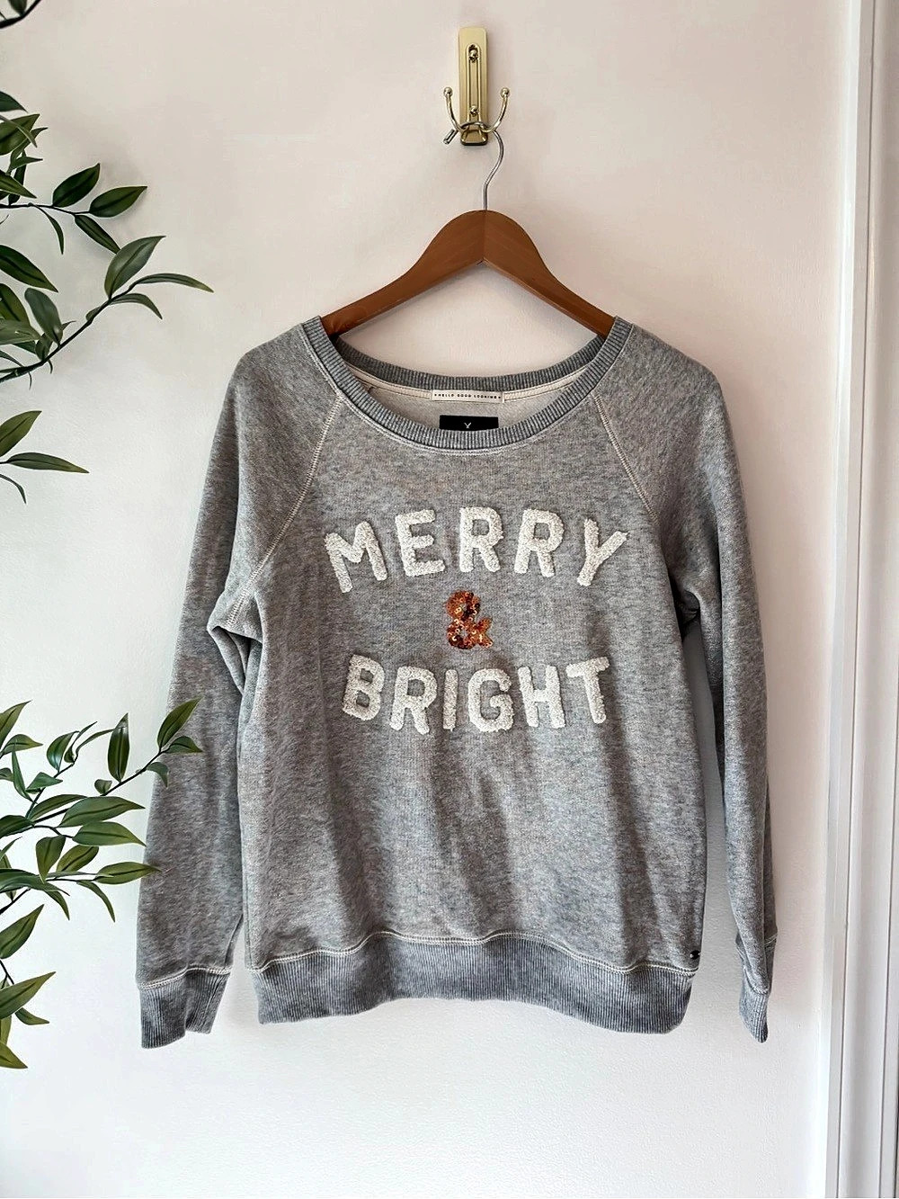 American Eagle Outfitters Merry & Bright Sequin Sweatshirt Gray Large